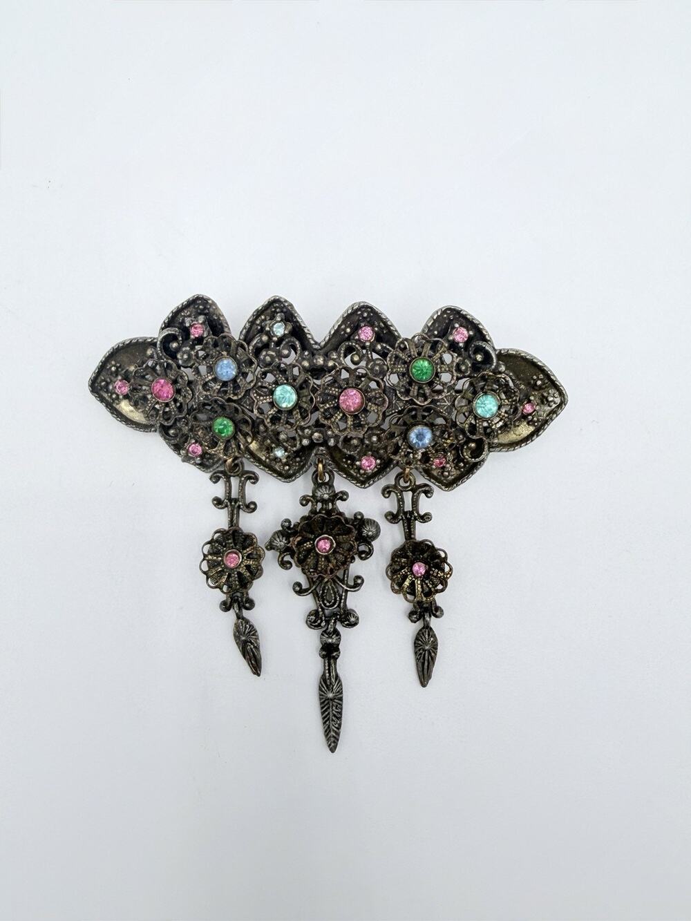 Vintage Czech Style Filigree Rhinestone Brooch Articulated Dangles Bohemian